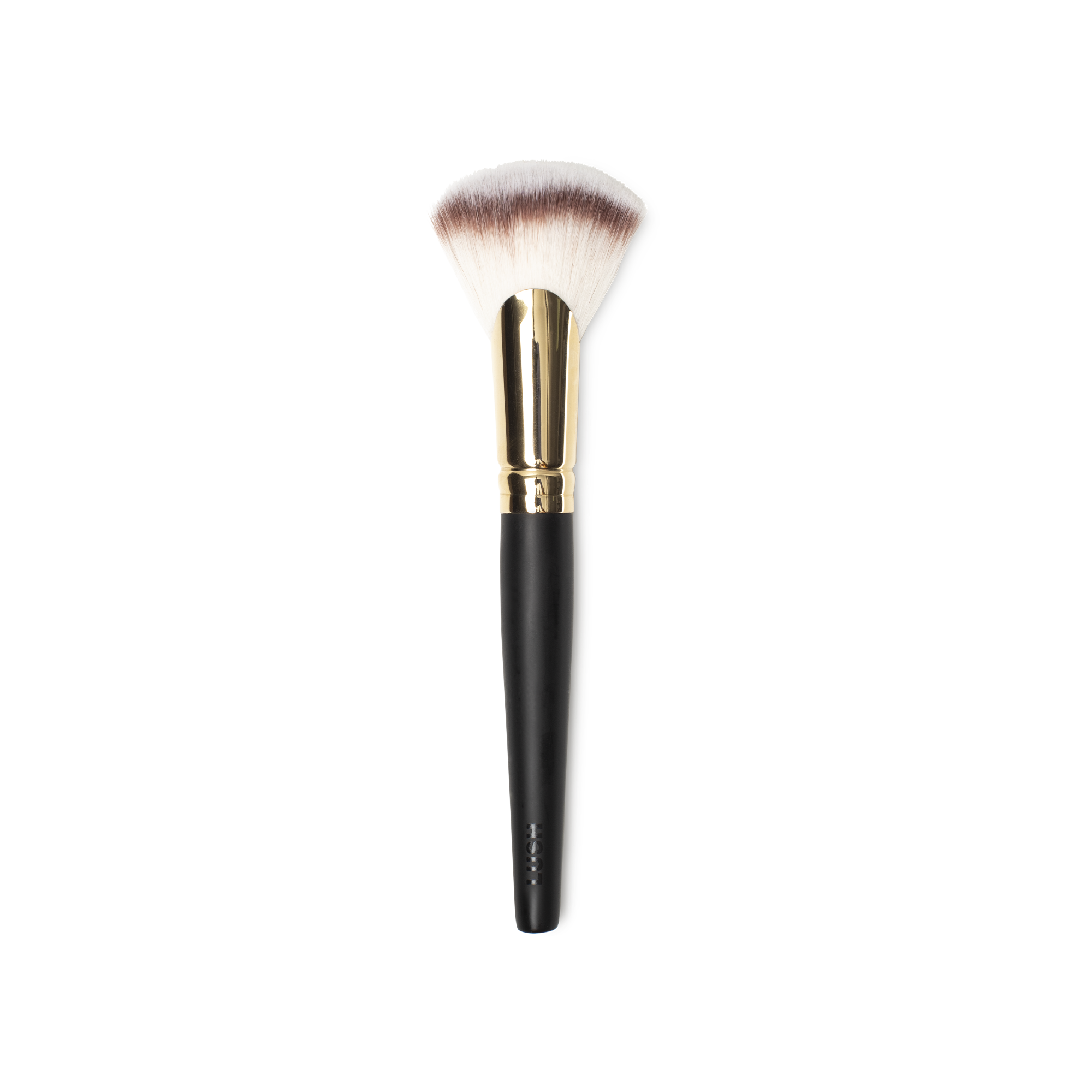 Biggest Fan Brush. A large fan brush for blending & powdering, with brown and white bristles and a gold and dark wooden handle.