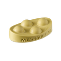 Brazilian Boom. An ivory-yellow, solid oil massage bar in an oval shape. The words "massage bar" are embossed on the side and there are four raised half-sphere, bubble-type shapes on top.