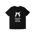 A black t-shirt with the white bunnies logo. The white print underneath reads: “Fighting Animal Testing”