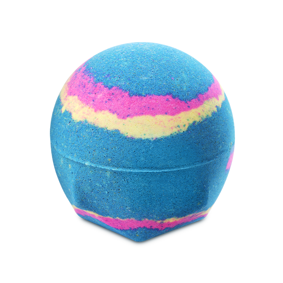 The dry, spherical Intergalactic bath bomb sits on a plain background. The product is predominantly deep blue, marbled with vibrant swirls of neon pink and bright yellow.