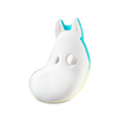 Moomintroll. A white bath bomb shaped like the character Moomintroll, featuring pointed ears and moulded eyes. The back edge reveals layers of bright blue and yellow.