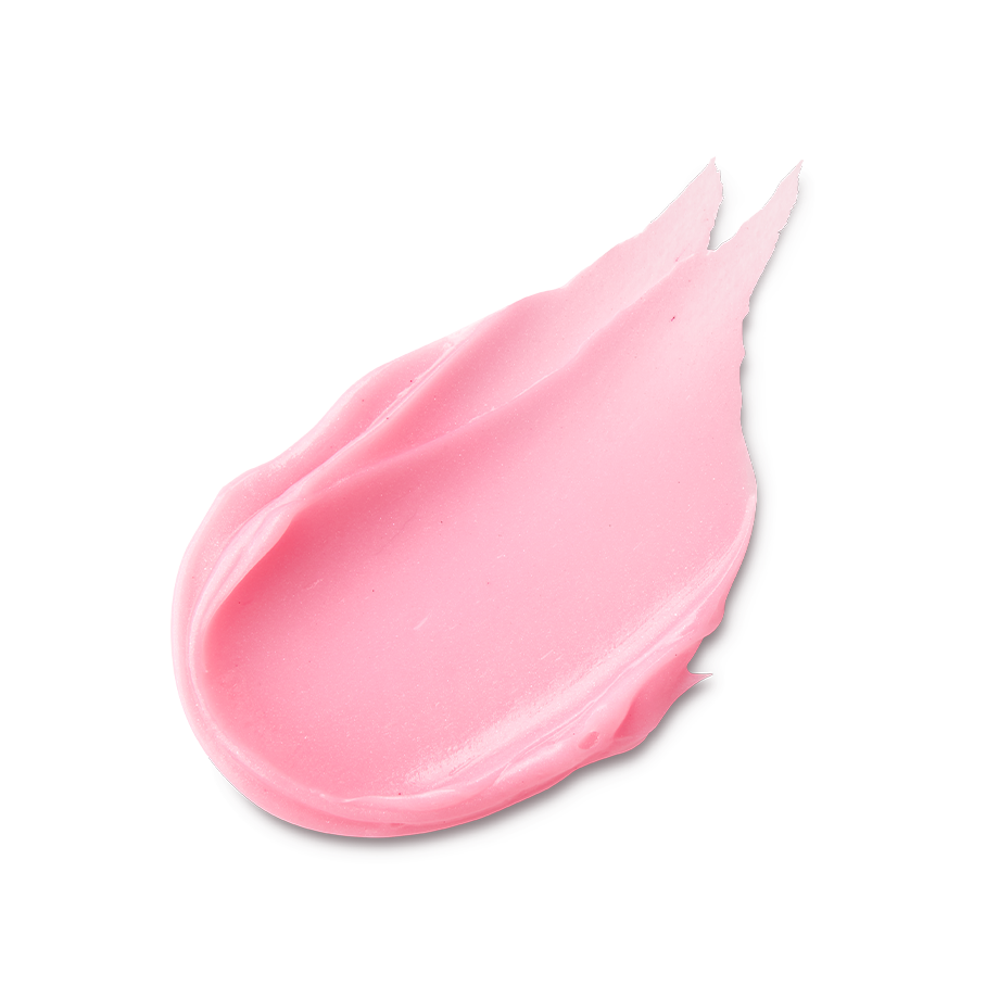 A thick, smooth smear of creamy pink Princess Peach lip jelly. The texture is glossy and opaque with a soft, pointed finish at the top.
