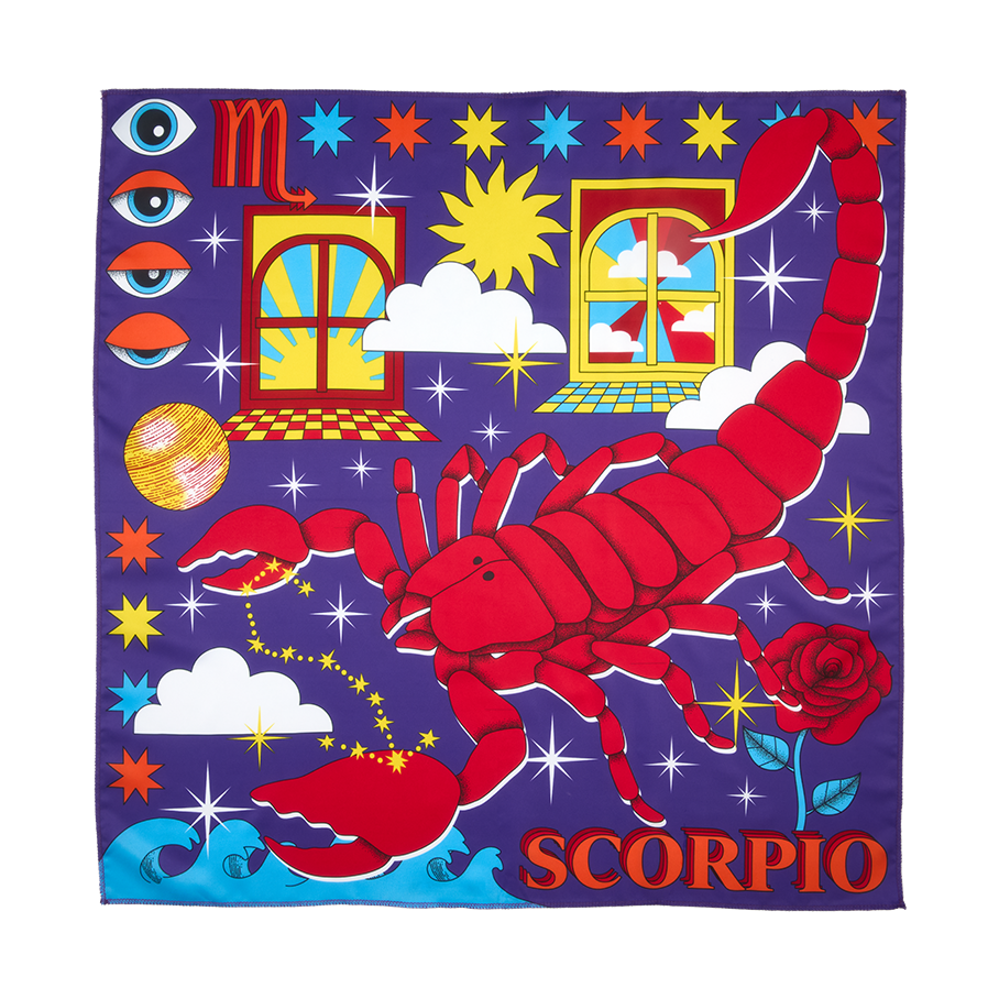 Scorpio. A square, fabric knot wrap. It has a deep purple background dotted with illustrations of stars, suns, clouds, waves, windows and other oddities. A large red scorpion and the word "Scorpio" are in the bottom right corner.