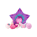 Super Star gift. A star-shaped box with purple and turquoise zig-zags. Six colorful bath bombs and bubble bars Luna's butterfly, unicorn horn bubble bar, twilight bath bomb, equity bath bomb, mini comforter bubble bar and creamy candy bubble bar.