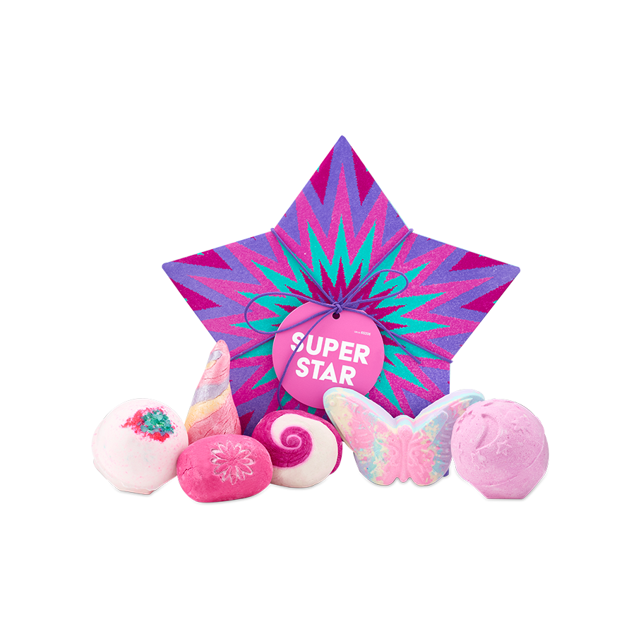 Super Star gift. A star-shaped box with purple and turquoise zig-zags. Six colorful bath bombs and bubble bars Luna's butterfly, unicorn horn bubble bar, twilight bath bomb, equity bath bomb, mini comforter bubble bar and creamy candy bubble bar.