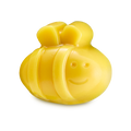 Telling The Bees. A bright yellow, bee-shaped facial gummy wash. The bee has a rounded body with raised stripes, small wings on top, and a simple debossed smiley face on the front.