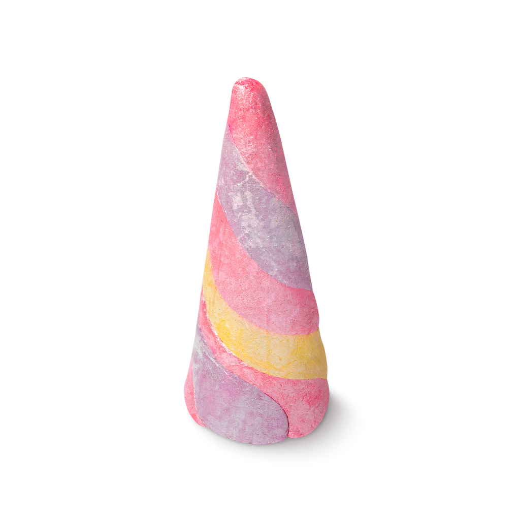 Unicorn Horn Bubble bar. An upright 3D horn made from swirls of shimmery pink, purple and yellow.
