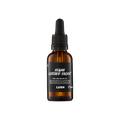 A small, amber glass bottle of "Vegan Leather Jacket" hair and beard oil by Lush. The bottle features a black label with white text and a black pipette dropper lid, containing 30ml of product.